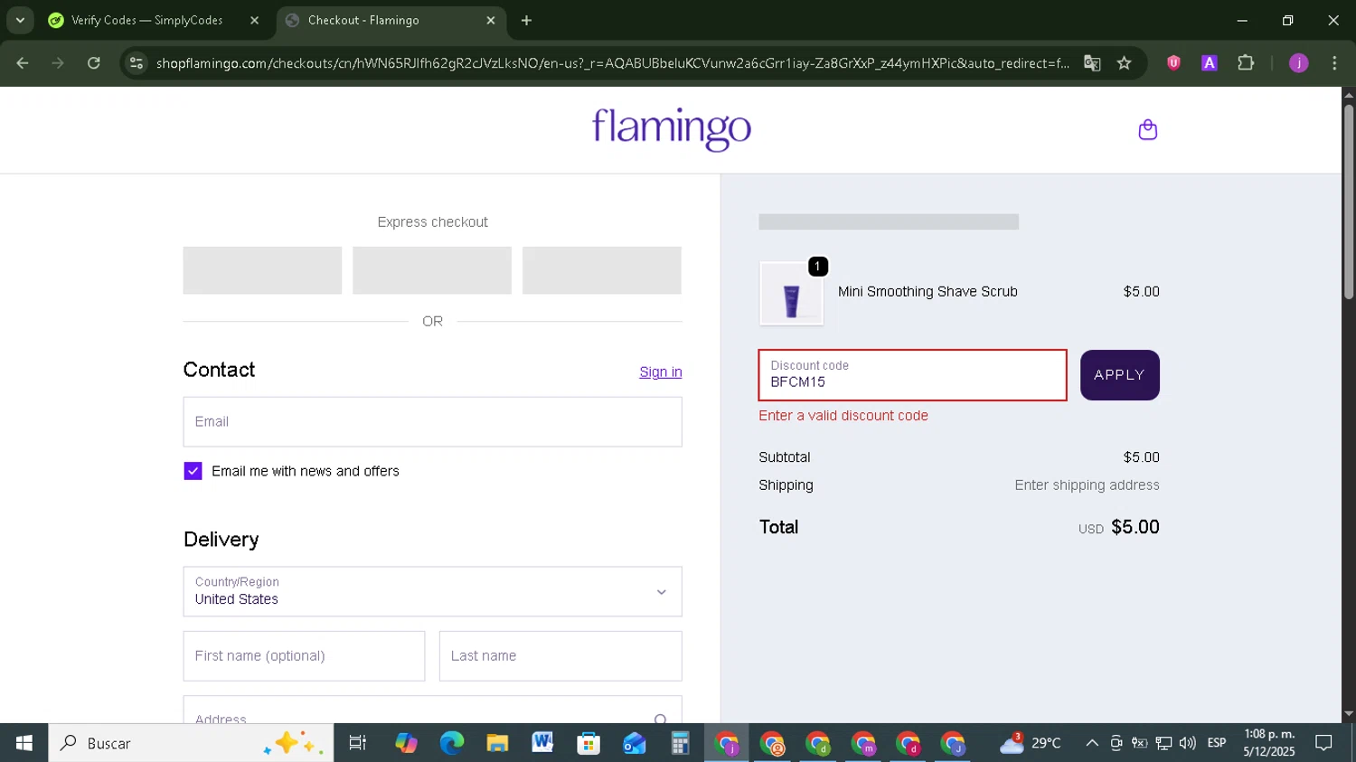 Flamingo promo code screenshot showing code BFCM15 applied at Flamingo checkout page. Uploaded by SimplyCodes community member Tazbravo on Dec 5, 2025