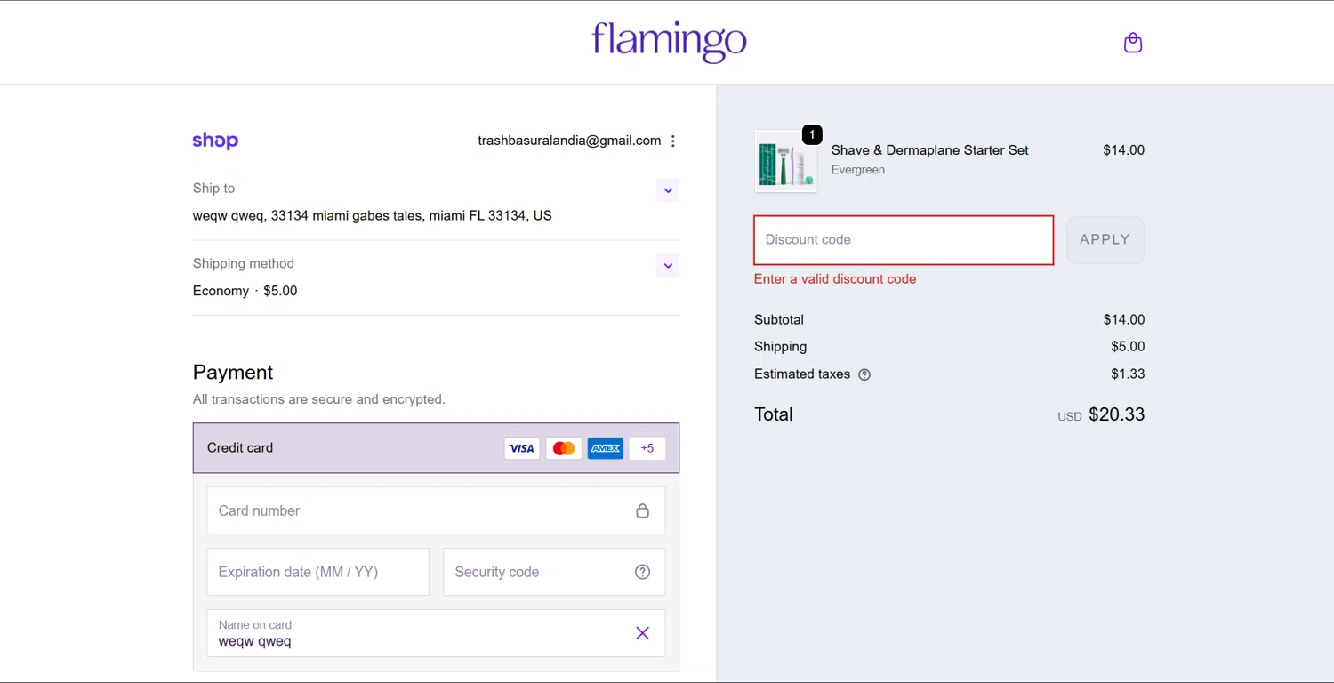 Flamingo promo code screenshot showing code BFCM20 applied at Flamingo checkout page. Uploaded by SimplyCodes community member ArthurMorgan on Dec 5, 2025
