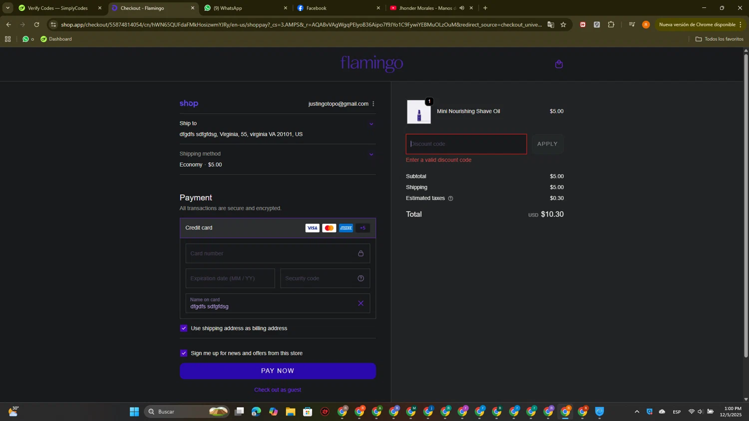 Flamingo promo code screenshot showing code BFCM20 applied at Flamingo checkout page. Uploaded by SimplyCodes community member PromoTitan1625 on Dec 5, 2025