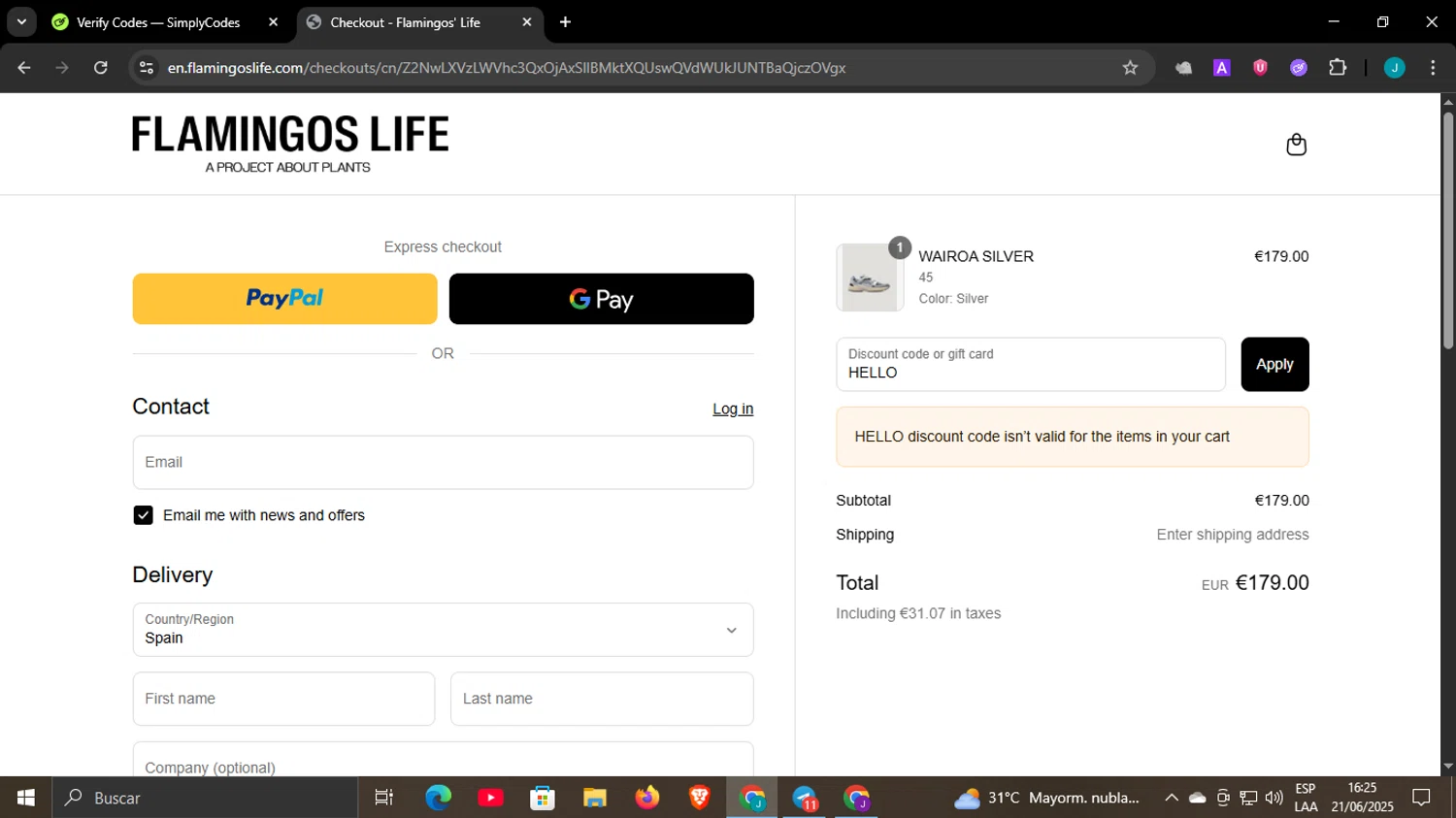 Flamingos' Life discount code screenshot showing code HELLO applied at Flamingos' Life checkout page. Uploaded by SimplyCodes community member WonderCaptain6926 on Jun 21, 2025