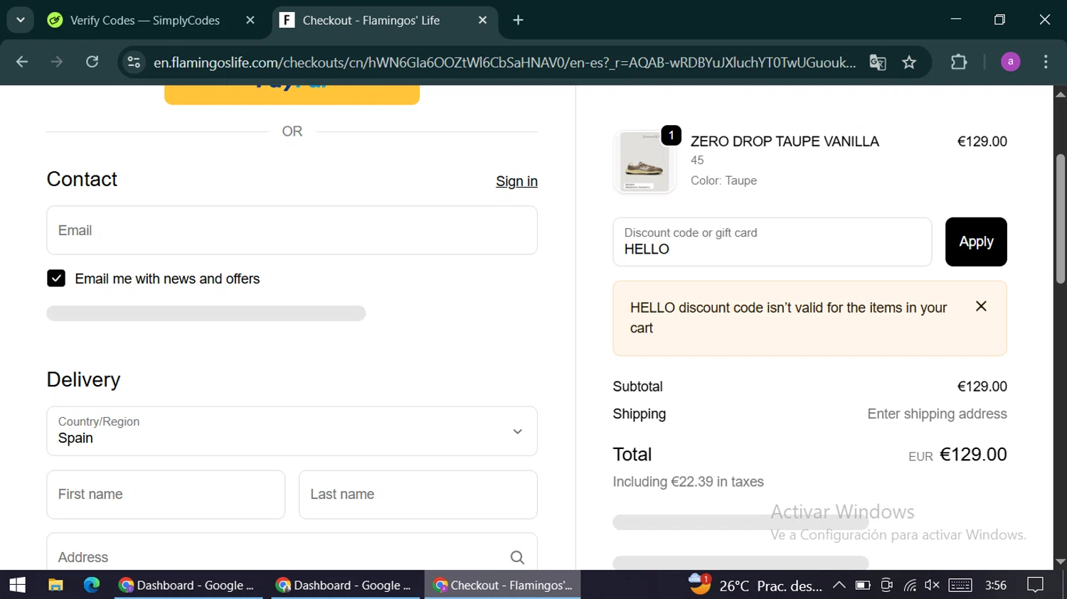 Flamingos' Life discount code screenshot showing code HELLO applied at Flamingos' Life checkout page. Uploaded by SimplyCodes community member alexandracarolina on Dec 10, 2025