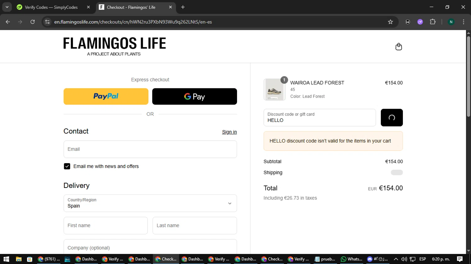 Flamingos' Life discount code screenshot showing code HELLO applied at Flamingos' Life checkout page. Uploaded by SimplyCodes community member nataaokiiii on Sep 11, 2025