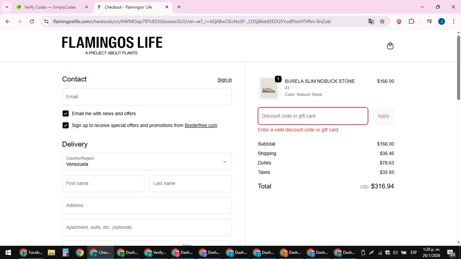 Flamingos' Life discount code screenshot showing code 10extraoff applied at Flamingos' Life checkout page. Uploaded by SimplyCodes community member noesmith34ur on Jan 26, 2026