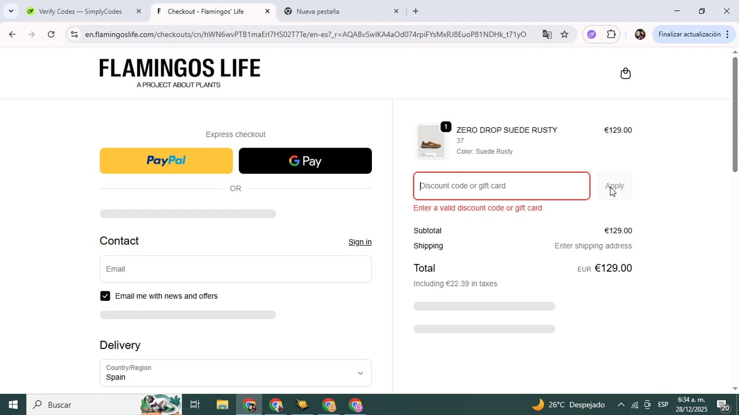Flamingos' Life discount code screenshot showing code PRE-ORDER applied at Flamingos' Life checkout page. Uploaded by SimplyCodes community member Junniorduno on Dec 28, 2025