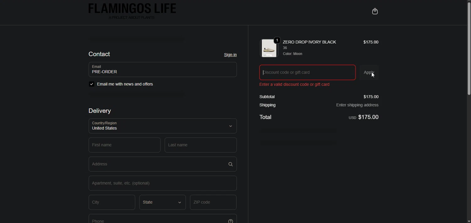 Flamingos' Life discount code screenshot showing code PRE-ORDER applied at Flamingos' Life checkout page. Uploaded by SimplyCodes community member Nor_man on Dec 28, 2025