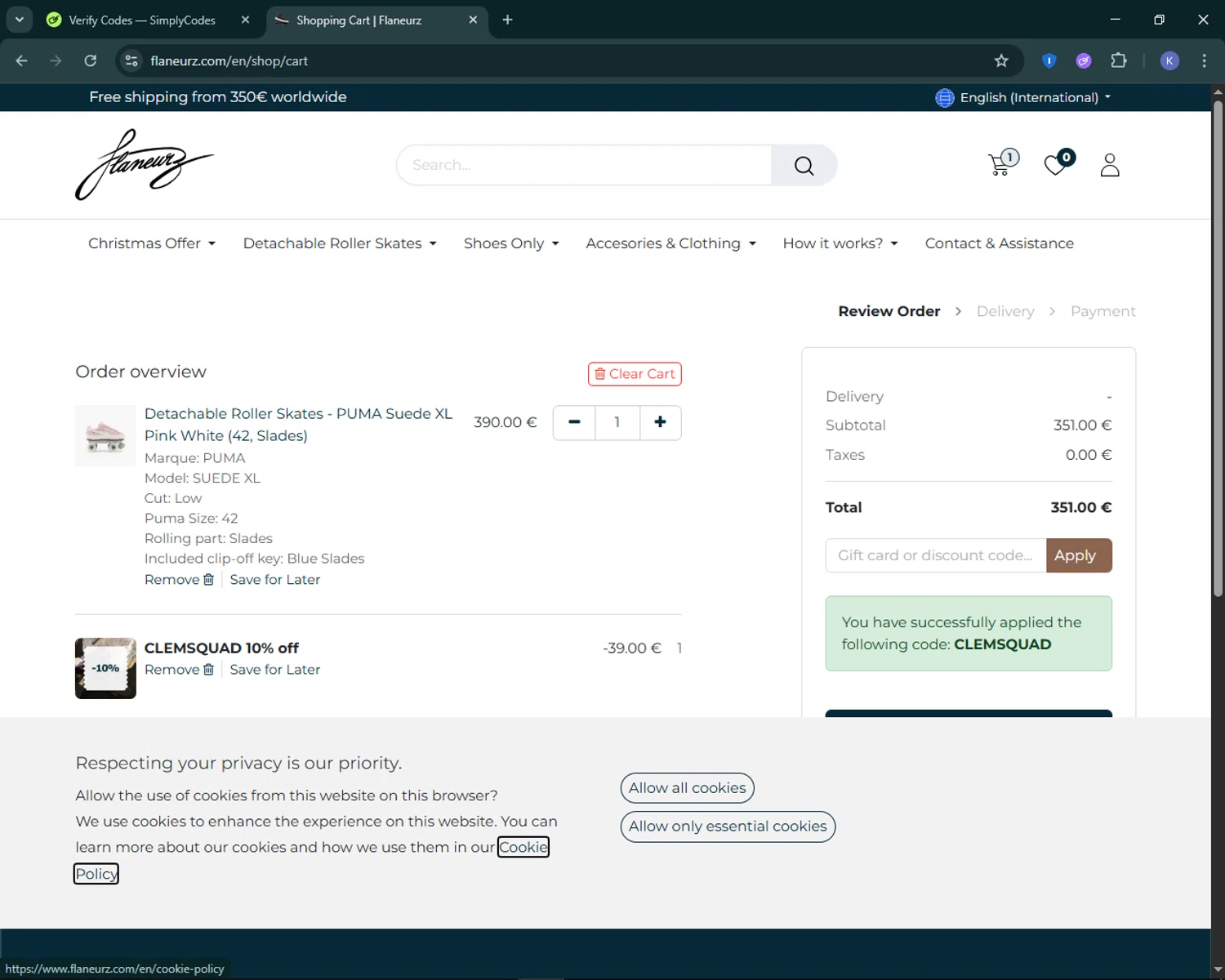 Flaneurz checkout page showing Flaneurz discount code box | Screenshot taken by SimplyCodes community member on Dec 7, 2025