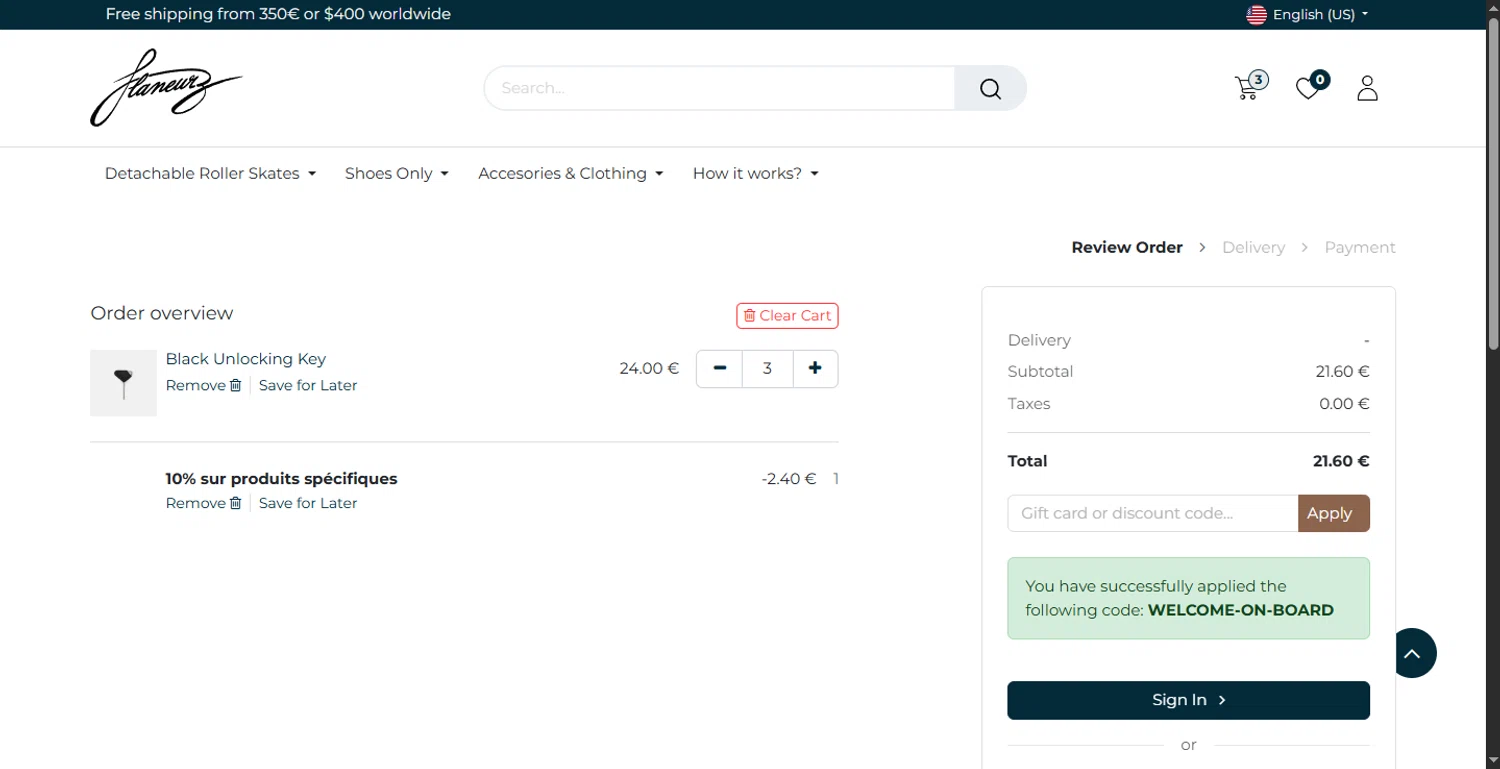 Flaneurz discount code screenshot showing code WELCOME-ON-BOARD applied at Flaneurz checkout page. Uploaded by SimplyCodes community member rapiddeals on May 8, 2025