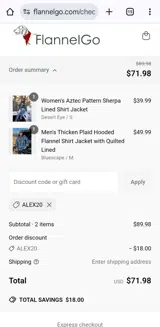 Alex20 coupon verification screenshot