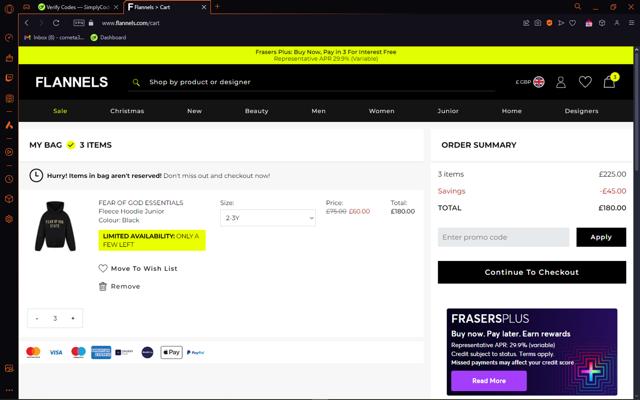 Flannels checkout page showing Flannels promo code box | Screenshot taken by SimplyCodes community member on Dec 13, 2024