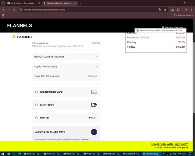 Flannels checkout page showing Flannels promo code box | Screenshot taken by SimplyCodes community member on Apr 30, 2025