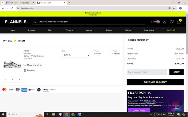 Flannels checkout page showing Flannels promo code box | Screenshot taken by SimplyCodes community member on May 2, 2024