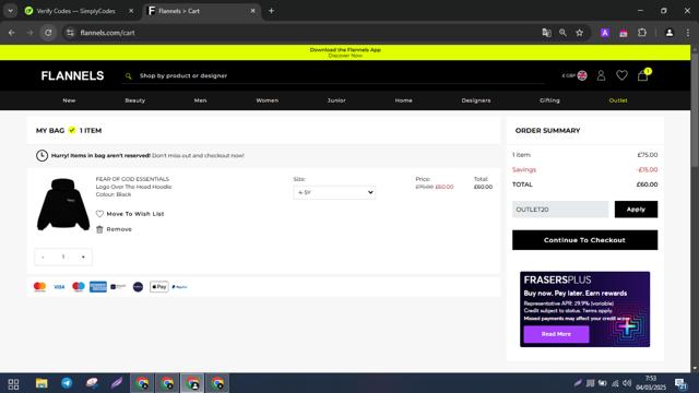 Flannels checkout page showing Flannels promo code box | Screenshot taken by SimplyCodes community member on Mar 4, 2025