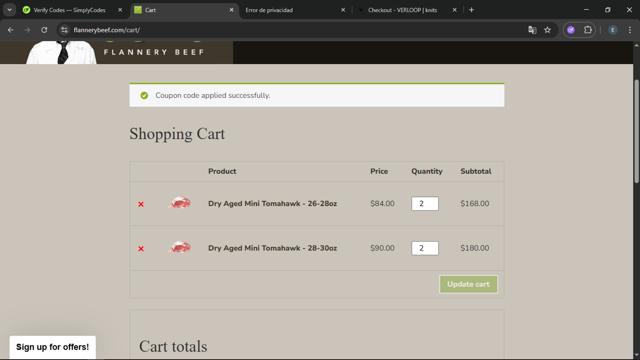 Flannery Beef checkout page showing Flannery Beef coupon code box | Screenshot taken by SimplyCodes community member on Sep 7, 2025