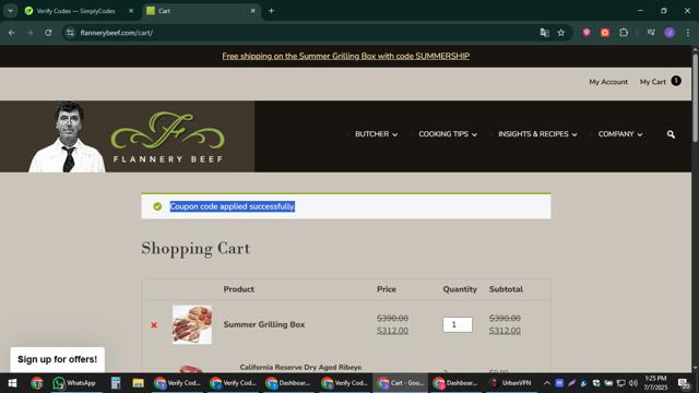 Flannery Beef checkout page showing Flannery Beef coupon code box | Screenshot taken by SimplyCodes community member on Jul 7, 2025