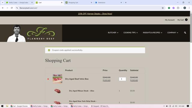 Flannery Beef checkout page showing Flannery Beef coupon code box | Screenshot taken by SimplyCodes community member on Sep 10, 2025
