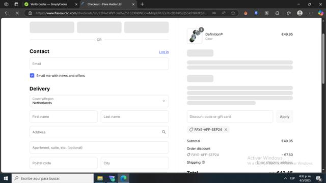 Flare Audio checkout page showing Flare Audio discount code box | Screenshot taken by SimplyCodes community member on May 4, 2025