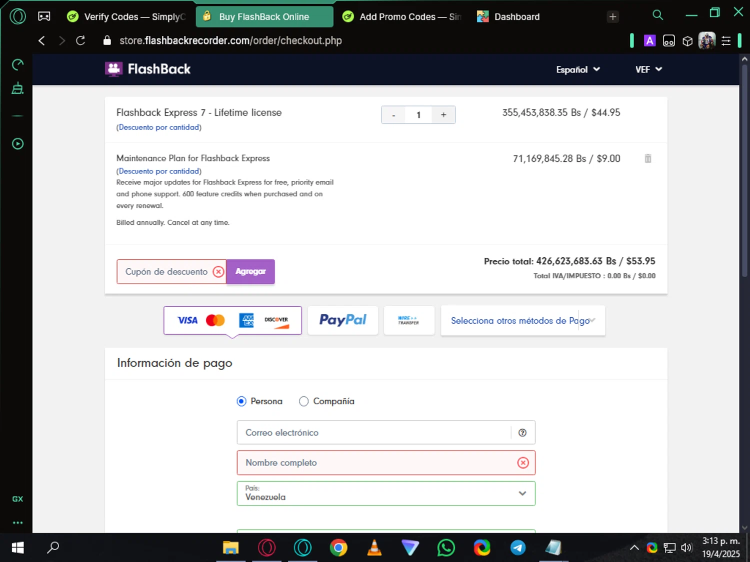 FlashBack discount code screenshot showing code GURU15 applied at FlashBack checkout page. Uploaded by SimplyCodes community member Siempre on Apr 19, 2025