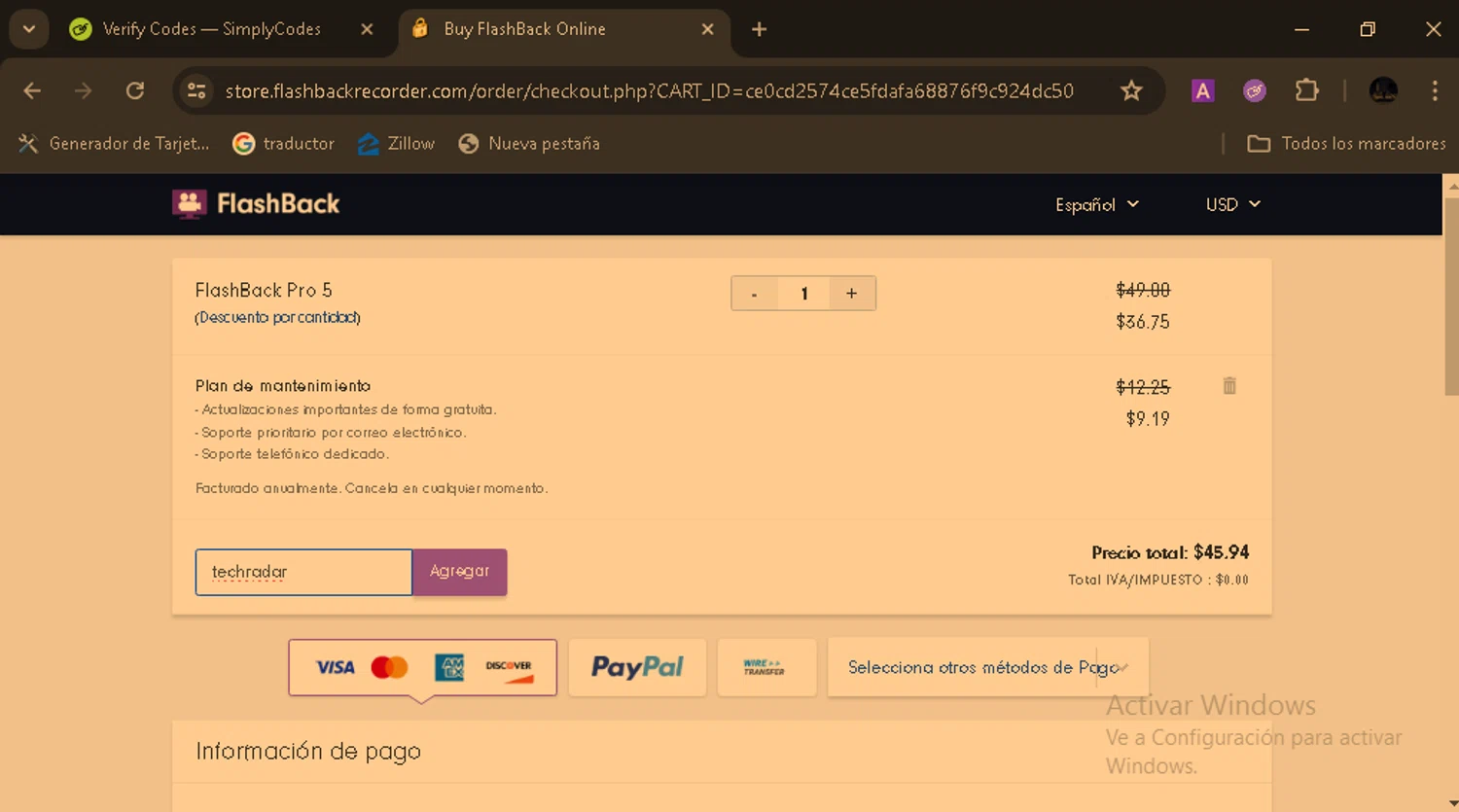 FlashBack checkout page showing FlashBack discount code box | Screenshot taken by SimplyCodes community member on May 28, 2025