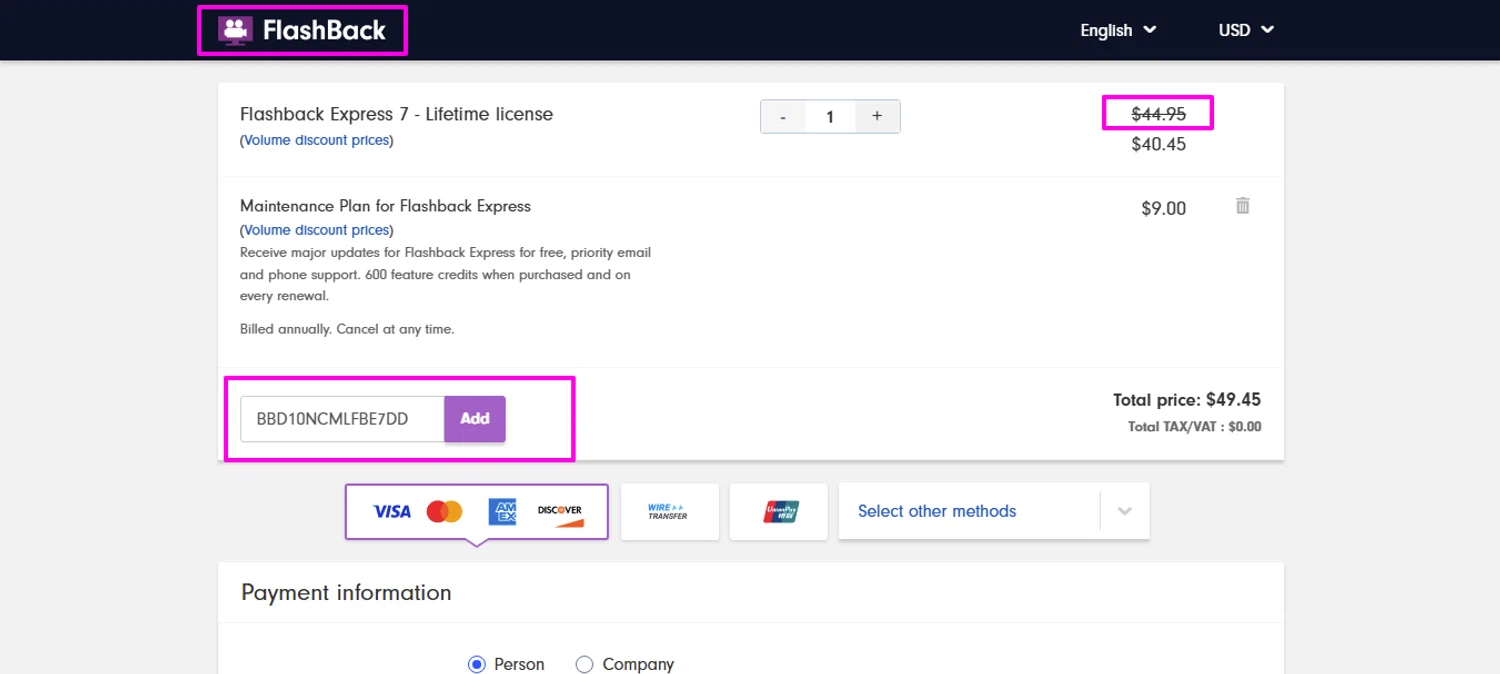 FlashBack discount code screenshot showing code BBD10NCMLFBE7DD applied at FlashBack checkout page. Uploaded by SimplyCodes community member mrdarcy on Apr 7, 2025