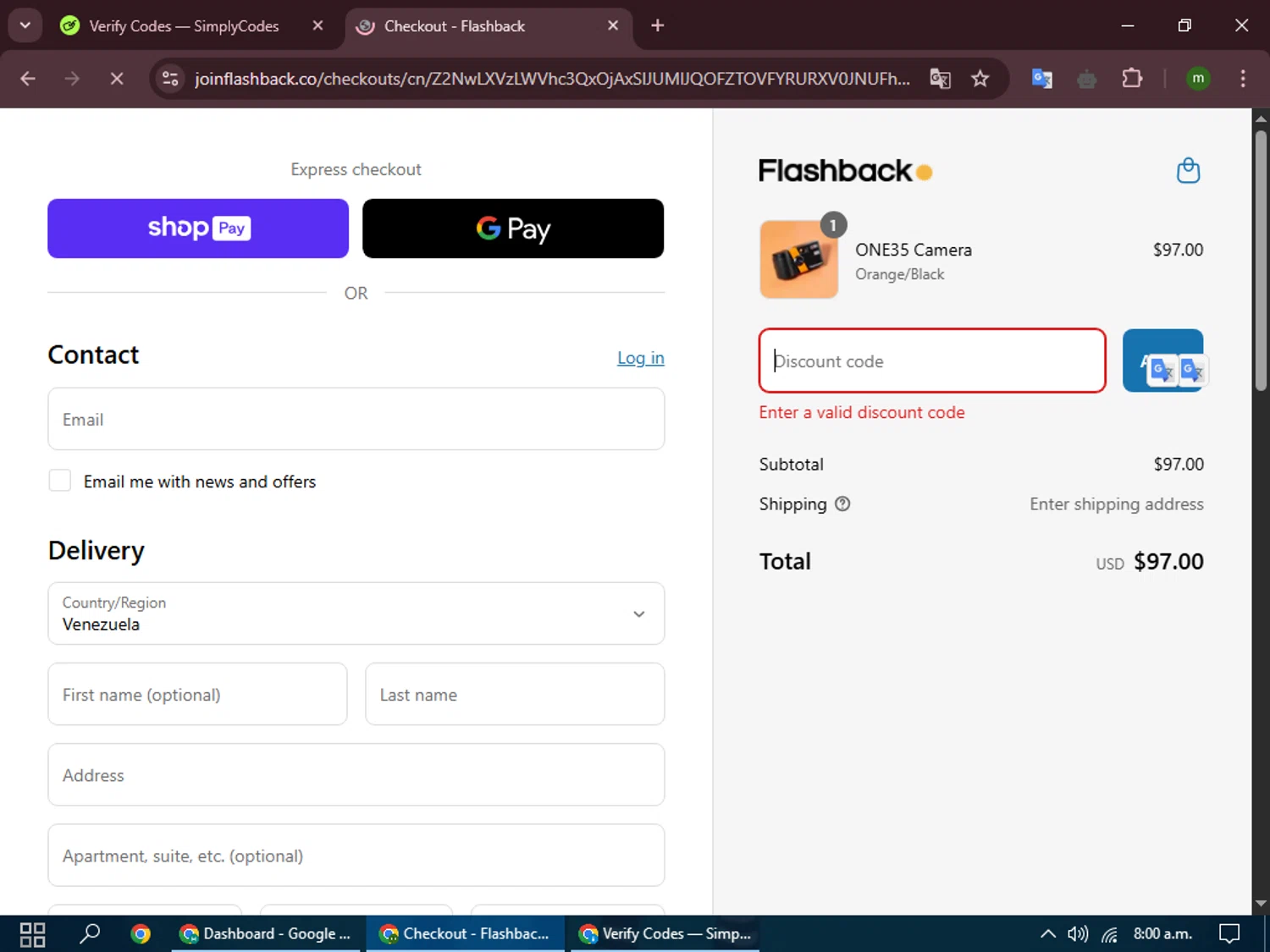 Flashback Camera promo code screenshot showing code MAVIVA applied at Flashback Camera checkout page. Uploaded by SimplyCodes community member LuckyEagle8698 on Apr 14, 2025