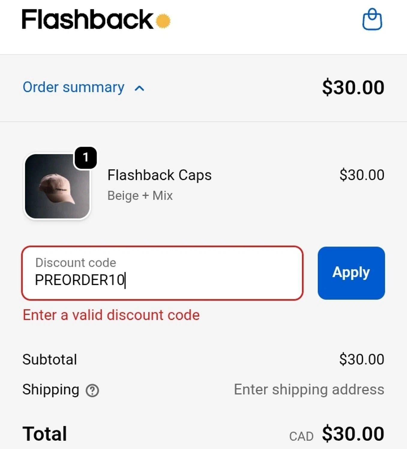 Flashback Camera promo code screenshot showing code PREORDER10 applied at Flashback Camera checkout page. Uploaded by SimplyCodes community member ValiantCurator3344 on Feb 13, 2026