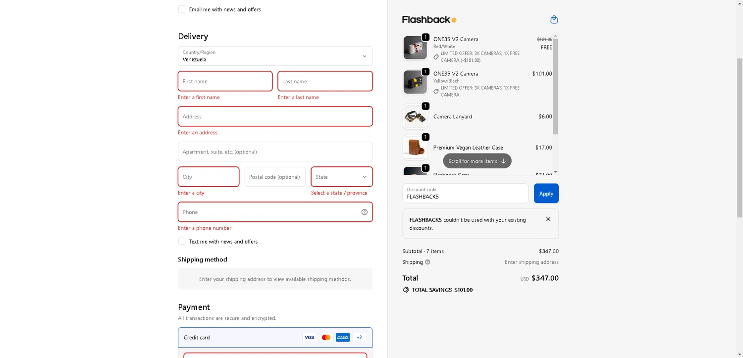 Flashback Camera promo code screenshot showing code FLASHBACK5 applied at Flashback Camera checkout page. Uploaded by SimplyCodes community member BargainCurator5453 on Nov 30, 2025
