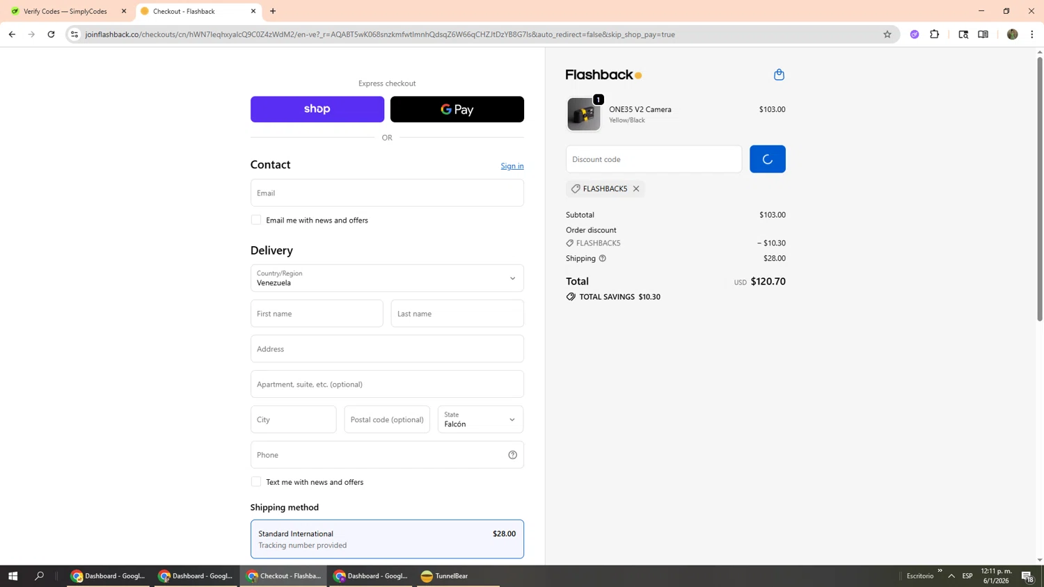Flashback Camera promo code screenshot showing code FLASHBACK5 applied at Flashback Camera checkout page. Uploaded by SimplyCodes community member Phoenix585 on Jan 6, 2026