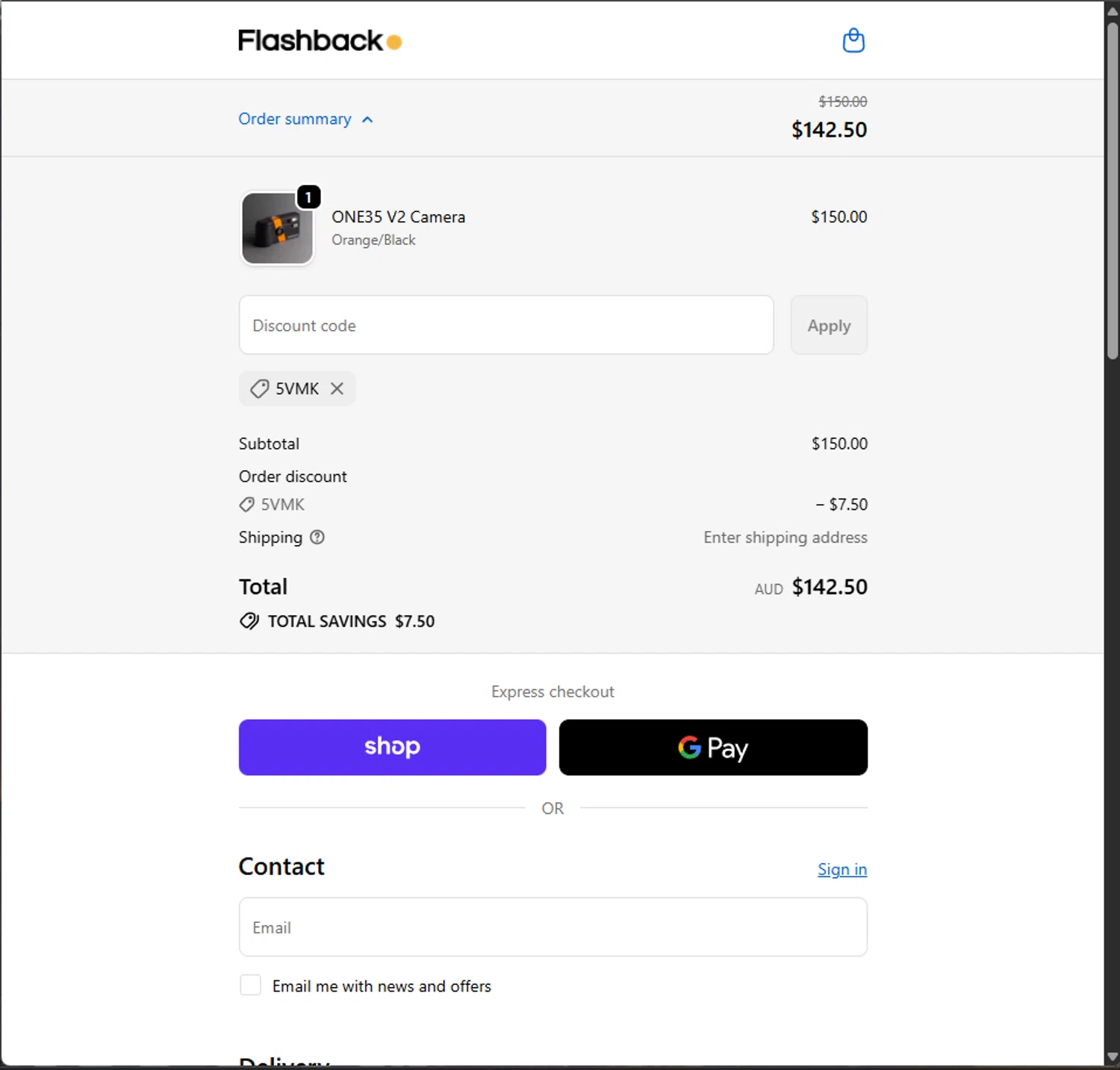 Flashback Camera promo code screenshot showing code 5VMK applied at Flashback Camera checkout page. Uploaded by SimplyCodes community member PillarsofCreation on Nov 27, 2025