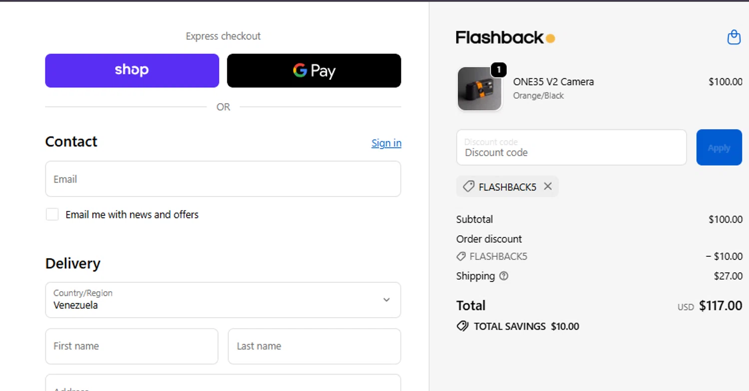 Flashback Camera promo code screenshot showing code FLASHBACK5 applied at Flashback Camera checkout page. Uploaded by SimplyCodes community member ashe1986 on Nov 26, 2025