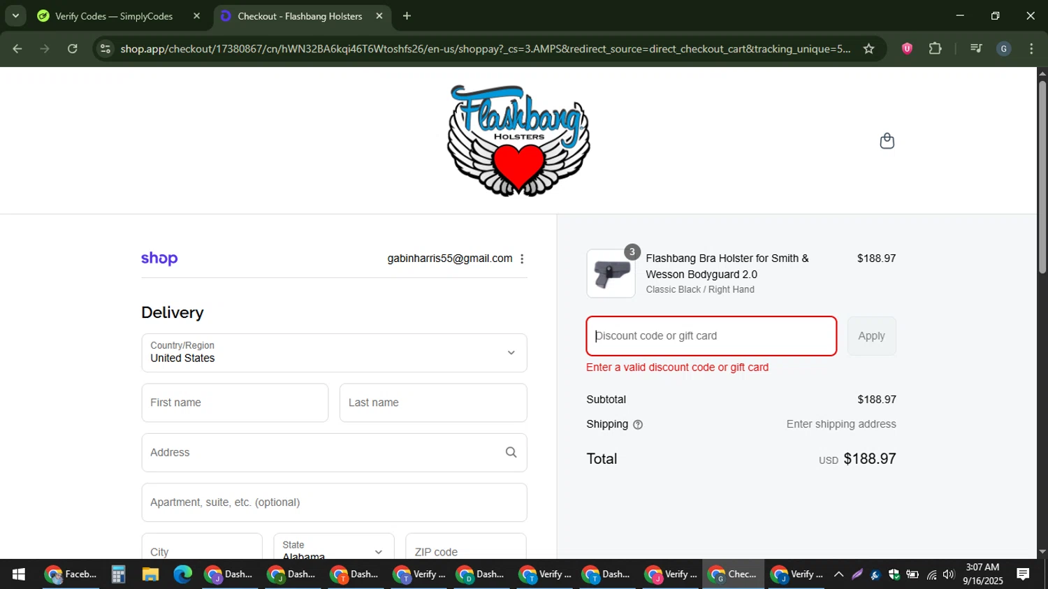 Flashbang Boutique promo code screenshot showing code AKD20 applied at Flashbang Boutique checkout page. Uploaded by SimplyCodes community member gabinharris55 on Sep 16, 2025
