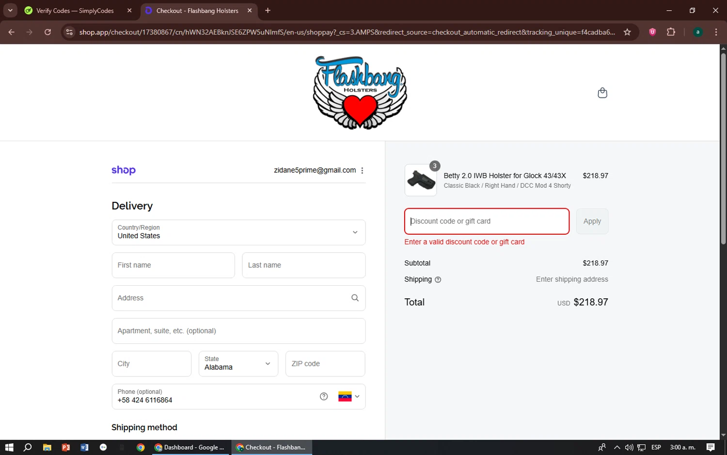 Flashbang Boutique promo code screenshot showing code AKD20 applied at Flashbang Boutique checkout page. Uploaded by SimplyCodes community member zizu55 on Sep 16, 2025