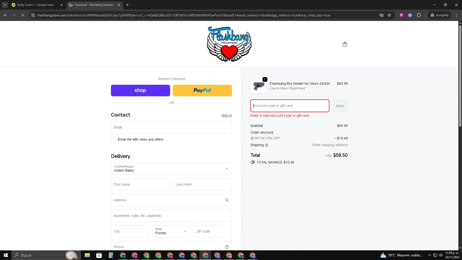 Flashbang Boutique promo code screenshot showing code WELCOME20 applied at Flashbang Boutique checkout page. Uploaded by SimplyCodes community member AVATIGRITO on Nov 24, 2025