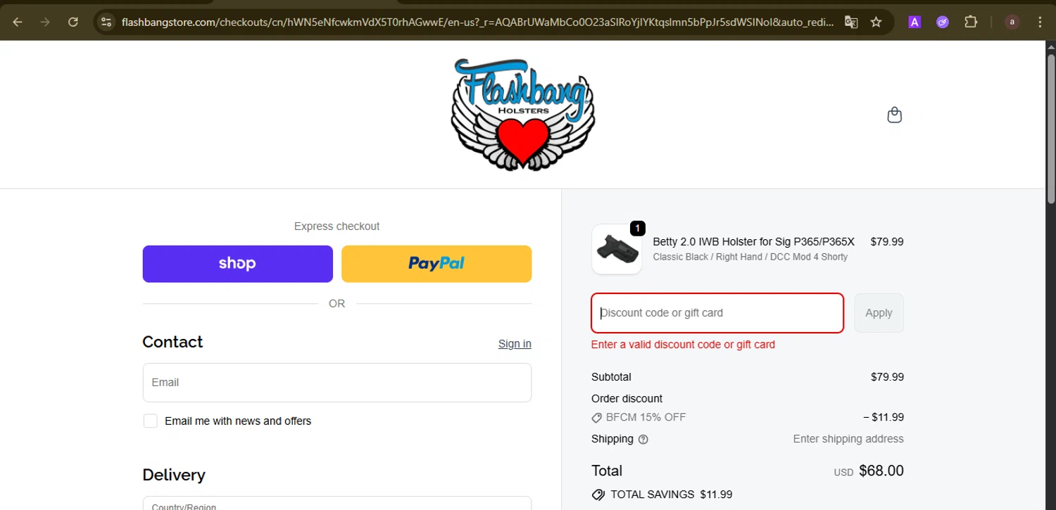 Flashbang Boutique promo code screenshot showing code WELCOME20 applied at Flashbang Boutique checkout page. Uploaded by SimplyCodes community member GoldCurator1773 on Nov 24, 2025