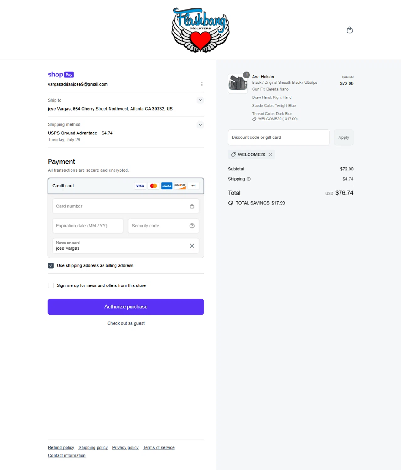 Flashbang Boutique promo code screenshot showing code WELCOME20 applied at Flashbang Boutique checkout page. Uploaded by SimplyCodes community member Rossimar on Jul 18, 2025