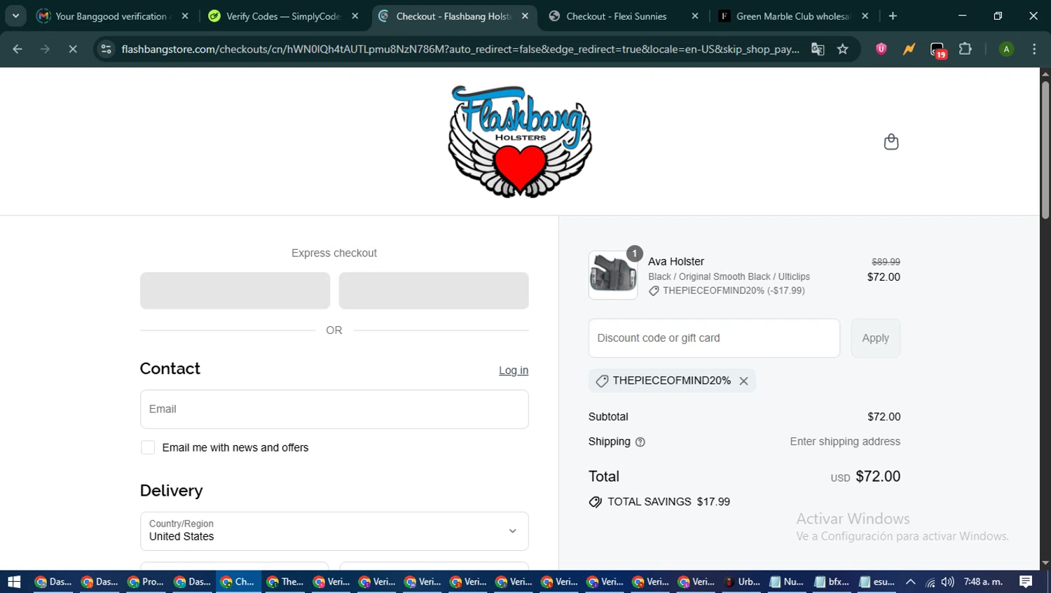 Flashbang Boutique promo code screenshot showing code thepieceofmind20% applied at Flashbang Boutique checkout page. Uploaded by SimplyCodes community member CashLynx5338 on Jul 18, 2025