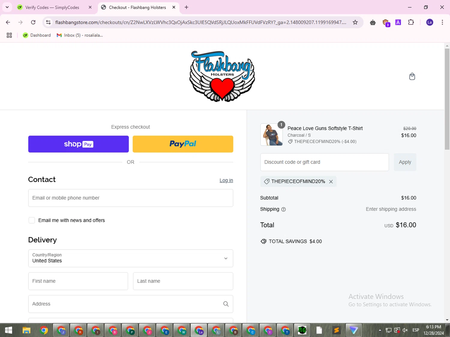 Flashbang Boutique promo code screenshot showing code thepieceofmind20% applied at Flashbang Boutique checkout page. Uploaded by SimplyCodes community member VictoriousSentinel1514 on Dec 28, 2024