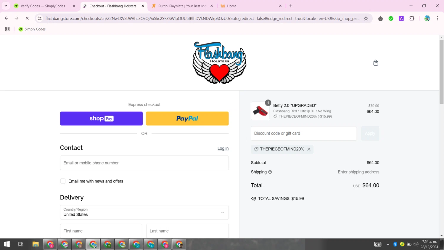 Flashbang Boutique promo code screenshot showing code thepieceofmind20% applied at Flashbang Boutique checkout page. Uploaded by SimplyCodes community member ShrewdSpotter4101 on Dec 28, 2024