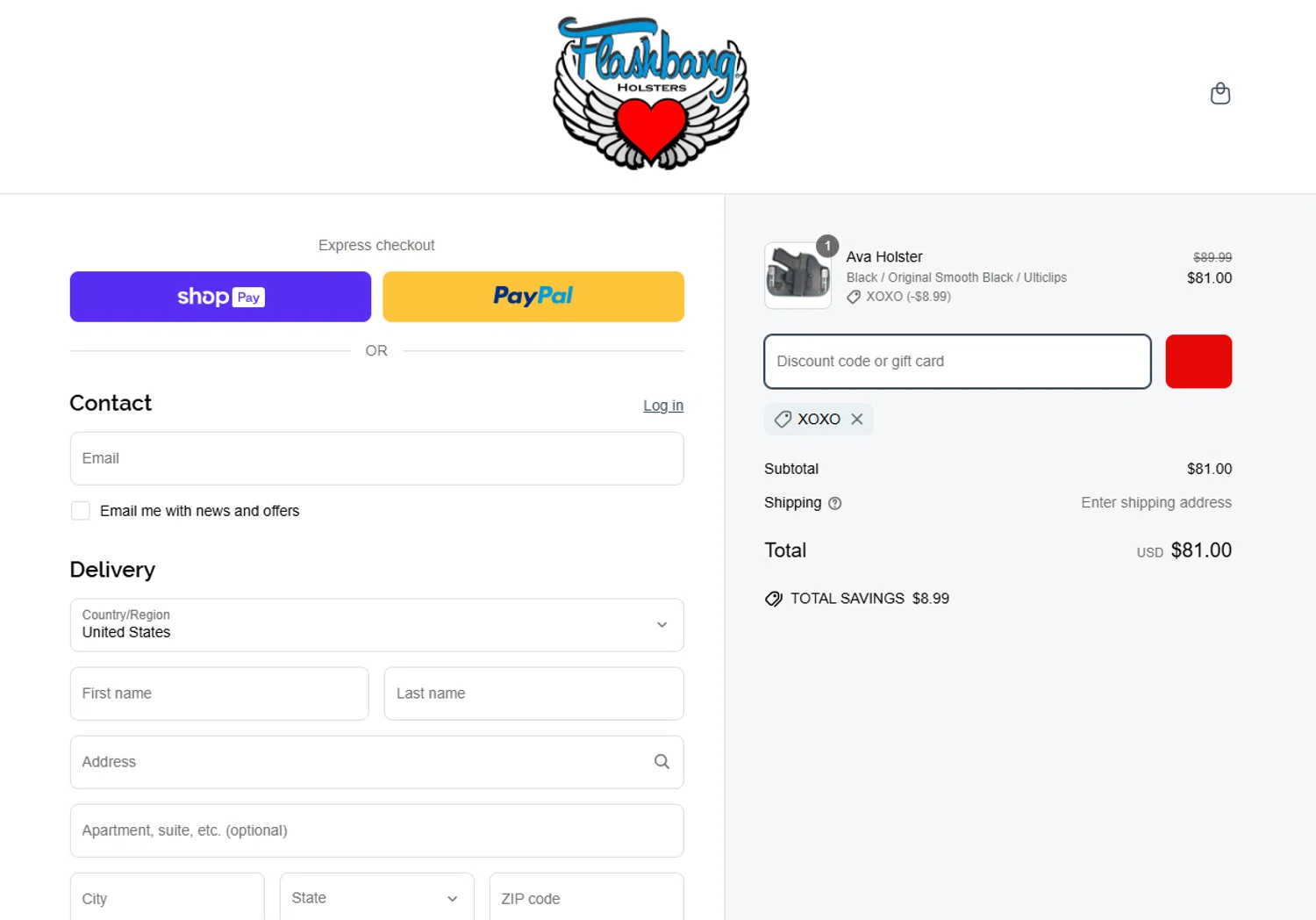 Flashbang Boutique promo code screenshot showing code XOXO applied at Flashbang Boutique checkout page. Uploaded by SimplyCodes community member ShieldScout6572 on Mar 17, 2025