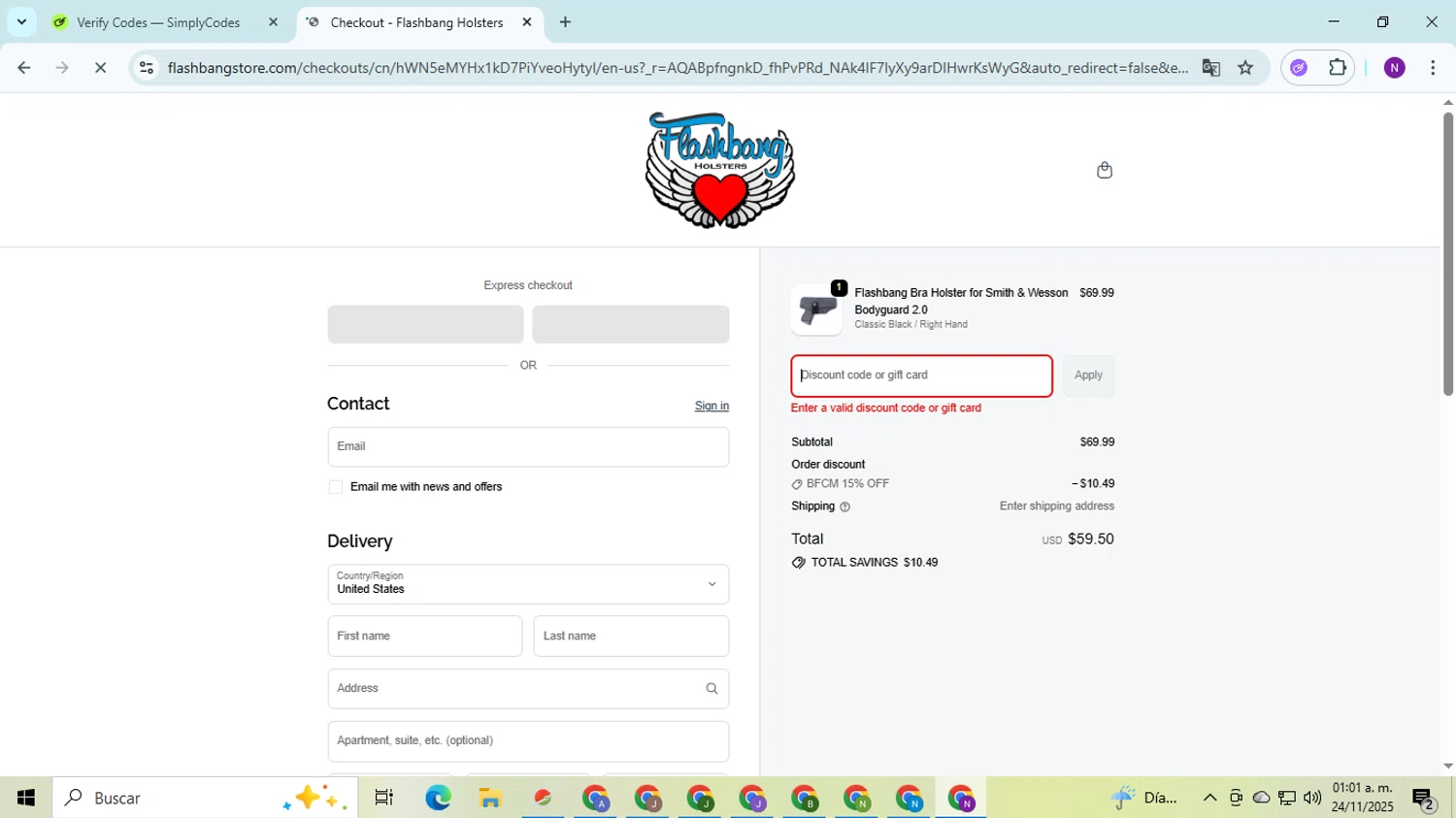 Flashbang Boutique promo code screenshot showing code LOVEYA applied at Flashbang Boutique checkout page. Uploaded by SimplyCodes community member QuestOwl9632 on Nov 24, 2025