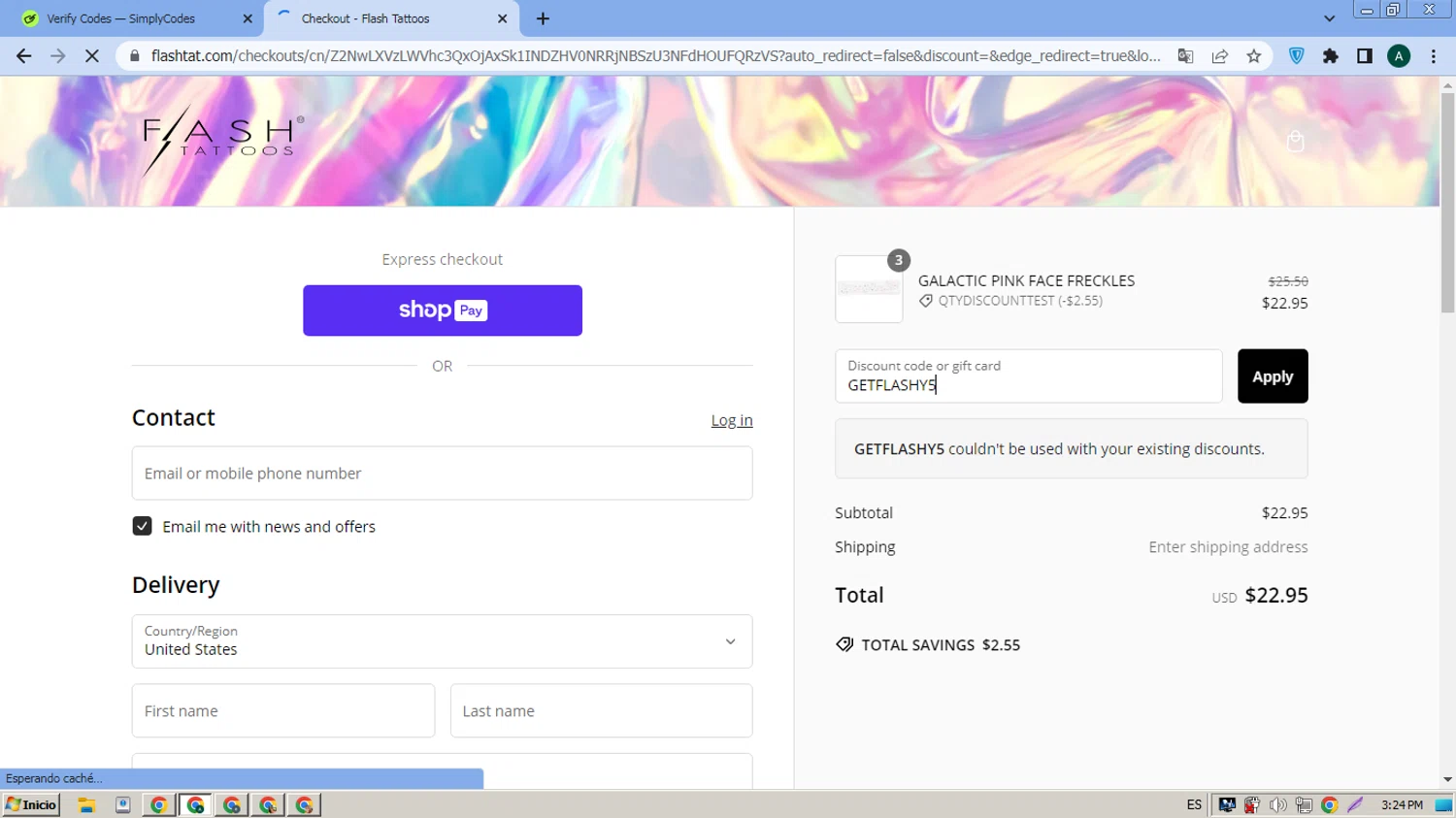 Flash Tattoos coupon code screenshot showing code GETFLASHY5 applied at Flash Tattoos checkout page. Uploaded by SimplyCodes community member FrugalMaverick6013 on Feb 20, 2025