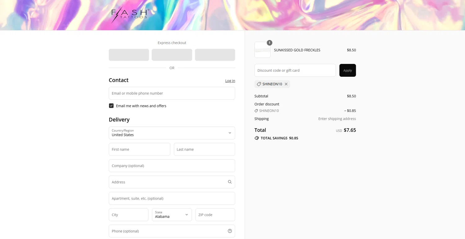 Flash Tattoos coupon code screenshot showing code SHINEON10 applied at Flash Tattoos checkout page. Uploaded by SimplyCodes community member MightyTitan865 on Jul 17, 2025