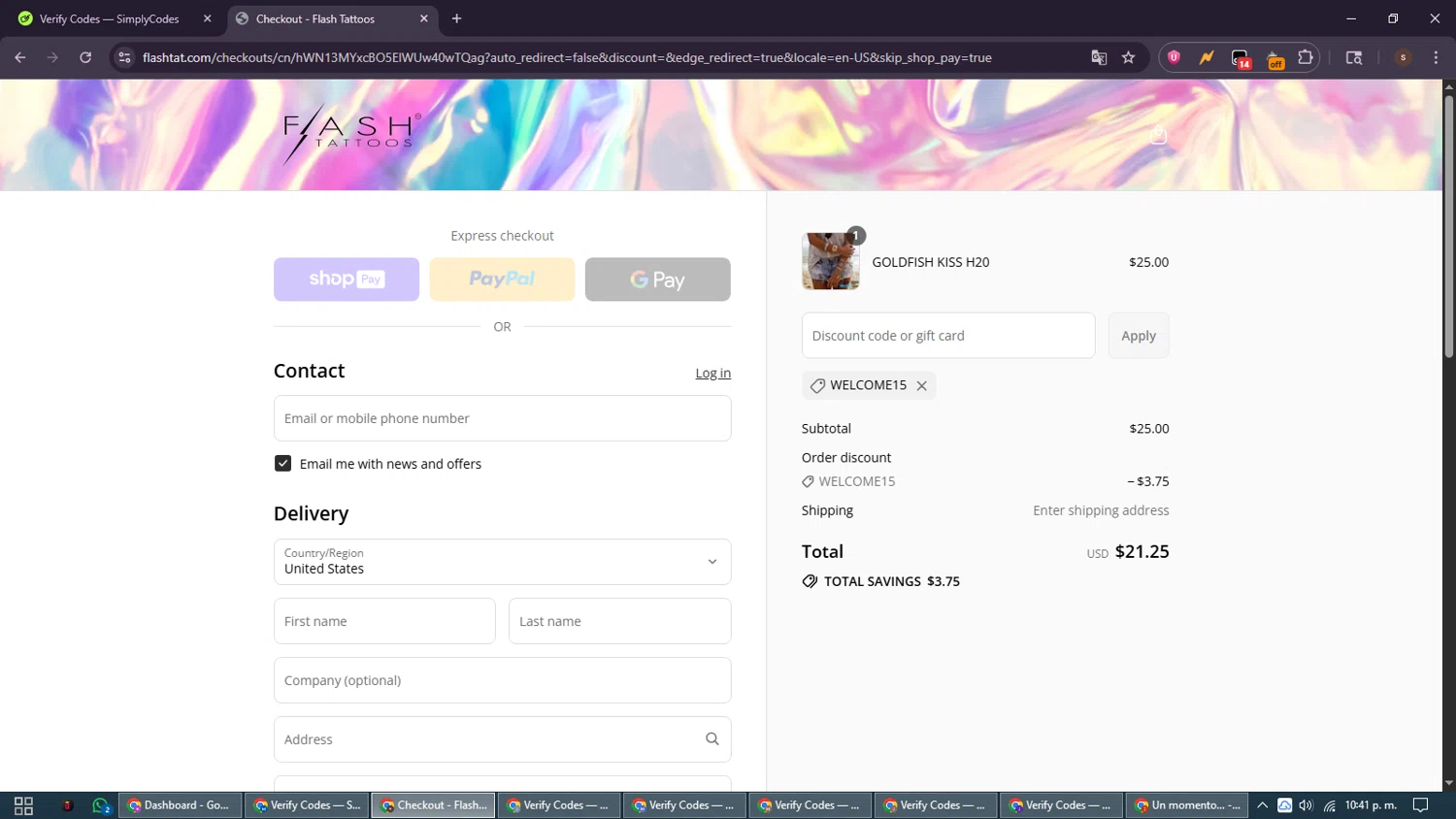 Flash Tattoos coupon code screenshot showing code WELCOME15 applied at Flash Tattoos checkout page. Uploaded by SimplyCodes community member GoldSentinel1426 on Jul 26, 2025