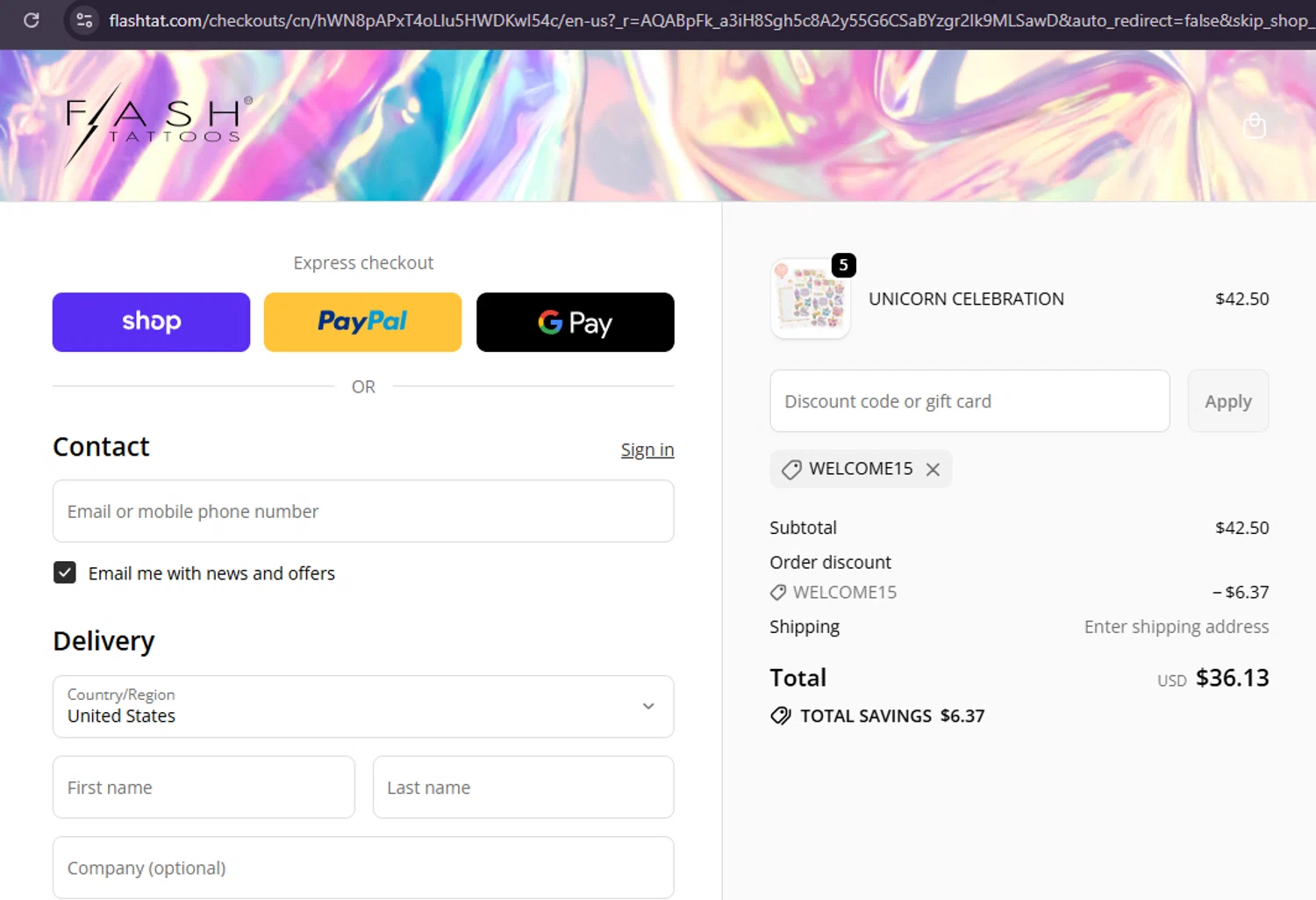 Flash Tattoos coupon code screenshot showing code WELCOME15 applied at Flash Tattoos checkout page. Uploaded by SimplyCodes community member Samu10 on Feb 15, 2026