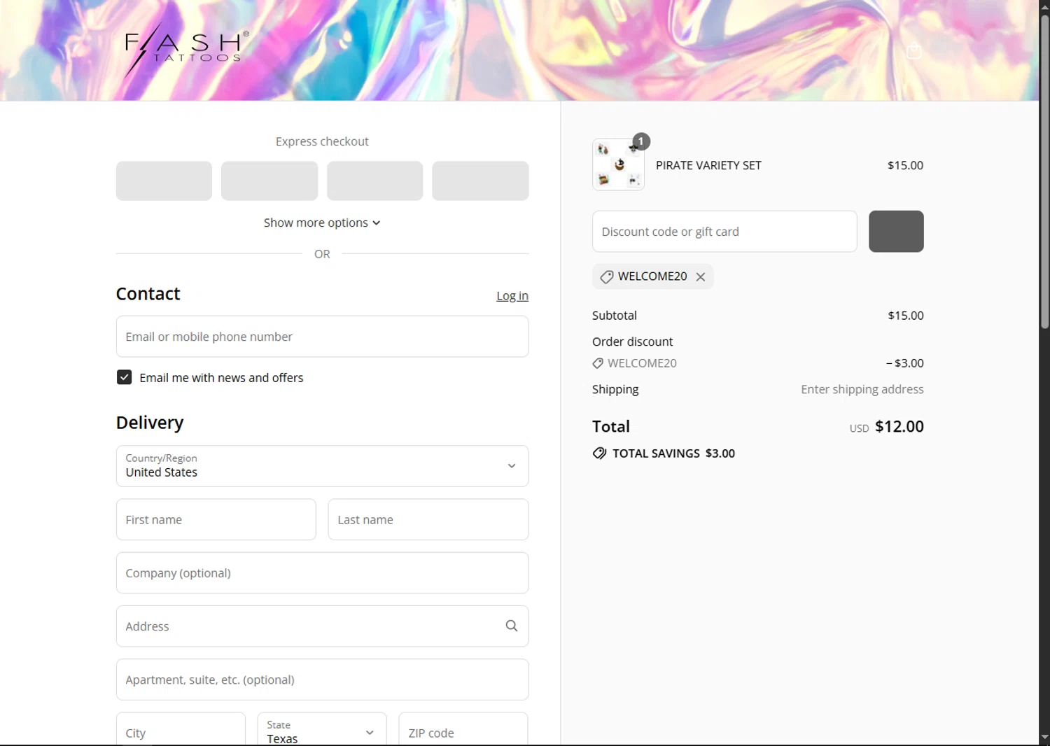 Flash Tattoos coupon code screenshot showing code WELCOME20 applied at Flash Tattoos checkout page. Uploaded by SimplyCodes community member GoldPhoenix3793 on Jul 30, 2025