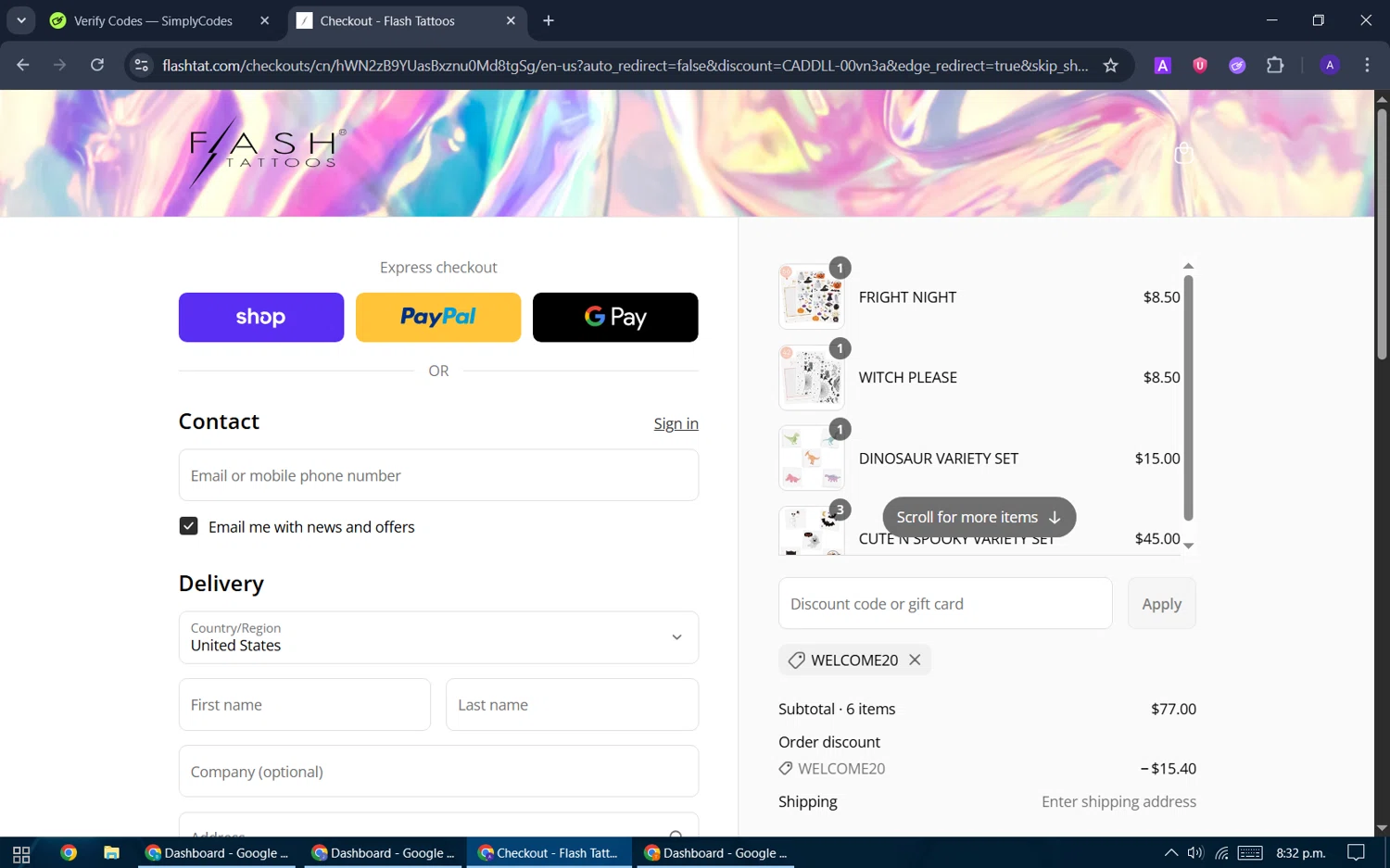 Flash Tattoos coupon code screenshot showing code WELCOME20 applied at Flash Tattoos checkout page. Uploaded by SimplyCodes community member ThriftySentinel2853 on Sep 15, 2025