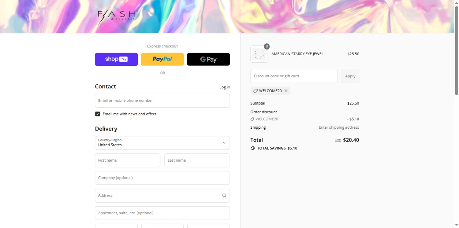 Flash Tattoos coupon code screenshot showing code WELCOME20 applied at Flash Tattoos checkout page. Uploaded by SimplyCodes community member renegul on Aug 15, 2025