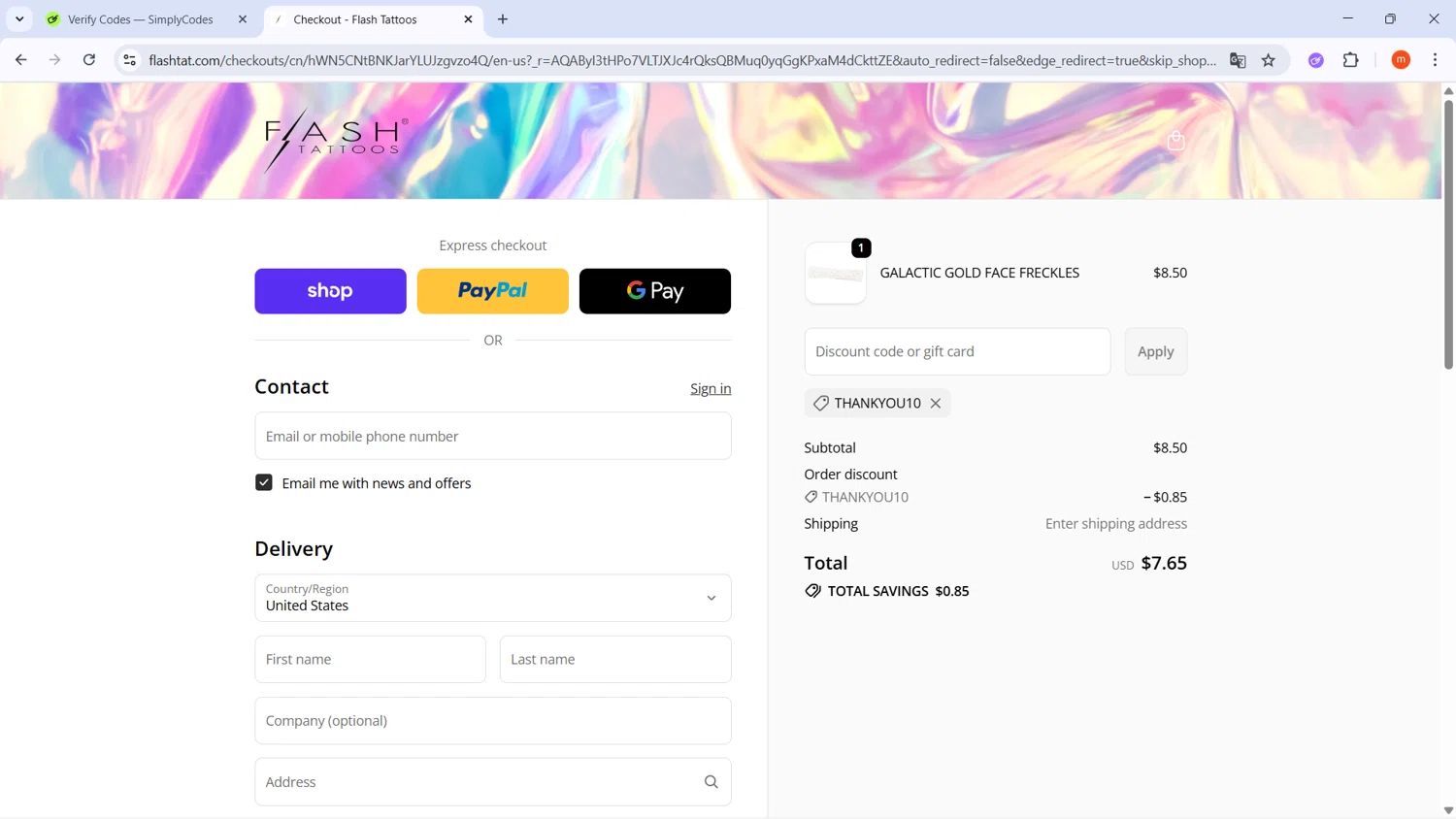 Flash Tattoos coupon code screenshot showing code THANKYOU10 applied at Flash Tattoos checkout page. Uploaded by SimplyCodes community member PromoMonarch895 on Nov 12, 2025