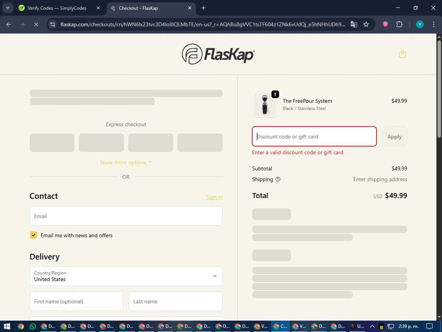FlasKap discount code screenshot showing code GIFT20 applied at FlasKap checkout page. Uploaded by SimplyCodes community member RoyalEagle4794 on Dec 23, 2025