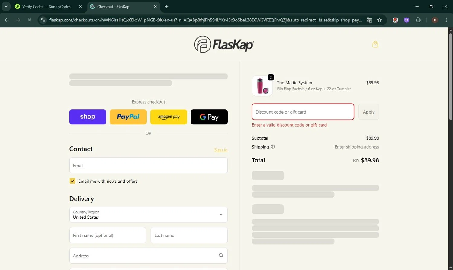 FlasKap discount code screenshot showing code GIFT20 applied at FlasKap checkout page. Uploaded by SimplyCodes community member Simply22 on Dec 23, 2025