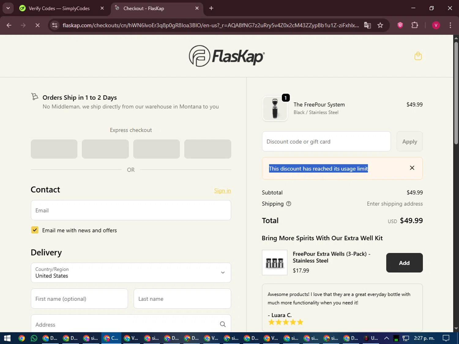 FlasKap discount code screenshot showing code ZW7F7Q4M applied at FlasKap checkout page. Uploaded by SimplyCodes community member ShieldEagle6102 on Dec 23, 2025